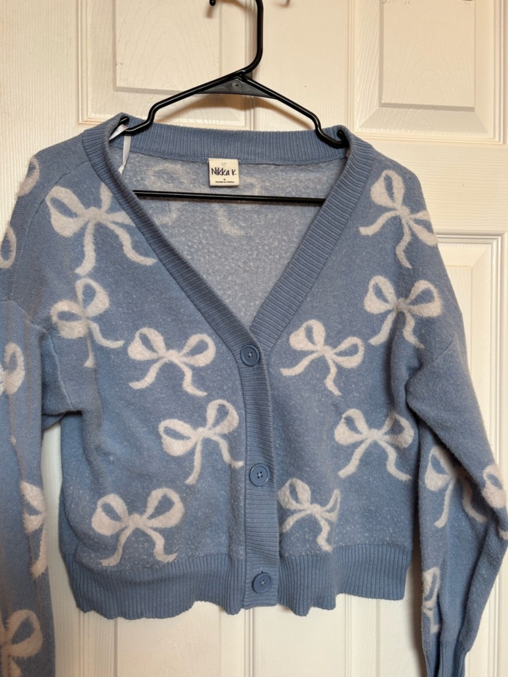 Blue Bow-Print V-Neck Cardigan Sweater